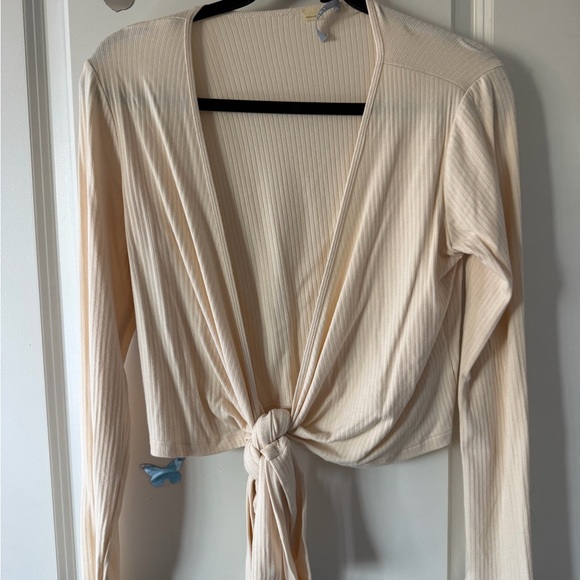 Tart Tops - Tart Beige Tie-Front Ribbed Blouse
